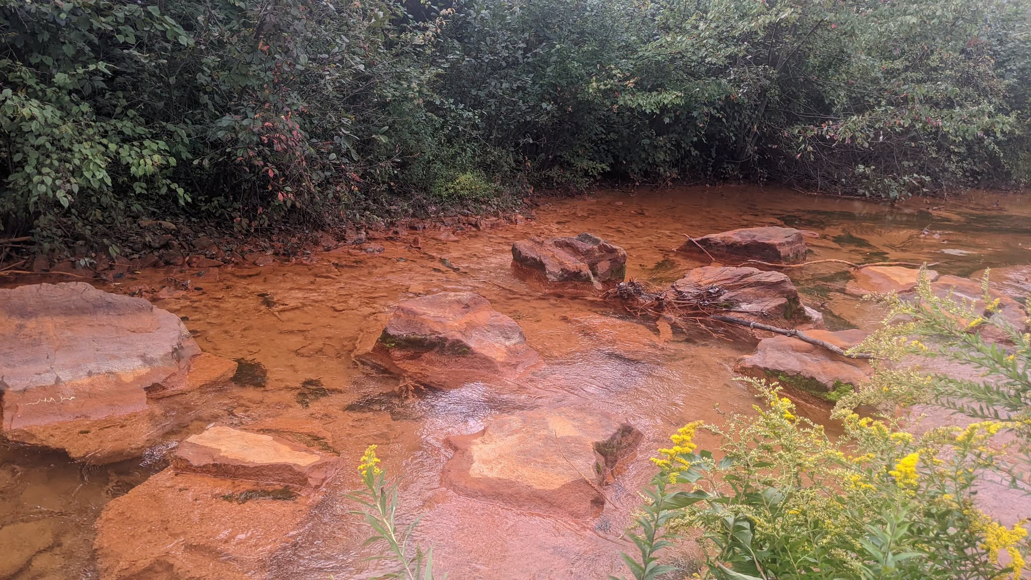 A stream stained orange by iron oxide from a mine drainage discharge
